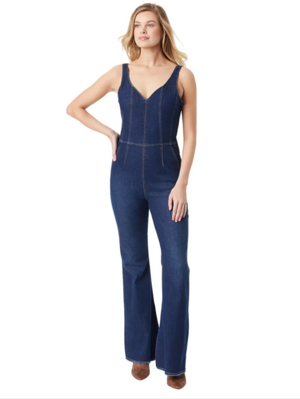Jessica Simpson Dark Blue Denim V-Neck Wide-Leg Jumpsuit W/Side Zip. Size 26